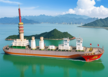 Enhance cooperation between China and policy measures in a large ship in the ocean with mountains in the background.