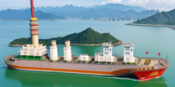Enhance cooperation between China and policy measures in a large ship in the ocean with mountains in the background.