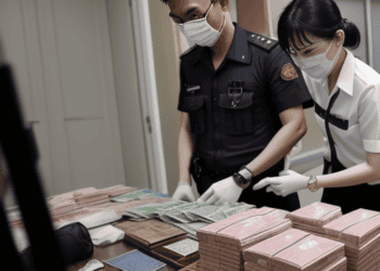 Two Asian police officers conducting raids on a table full of money in Singapore's suspected money laundering operations.