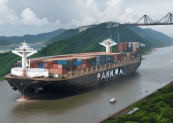 A large container ship from the Global Supply Chain traveling down a river near a bridge.