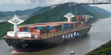 A large container ship from the Global Supply Chain traveling down a river near a bridge.