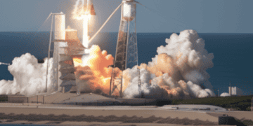 Nasa's falcon 9 rocket, developed by SpaceX, lifts off from the ocean.