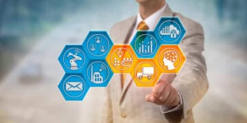 Businessman interacts with a digital interface showing supply chain management icons, including automation, logistics, and data analytics, enhancing import/export warehouse efficiency. - Supply Chain News
