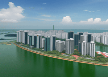 An aerial view of a city near a body of water, with Goldman Sachs potentially facing lawsuit over Malaysia.