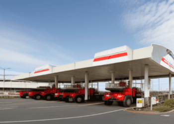 A red truck parked in front of a Chevron gas station.
