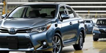 A blue Toyota Corolla, manufactured by Toyota, is parked in a factory that has temporarily suspended operations due to the impact caused by Japanese plants.