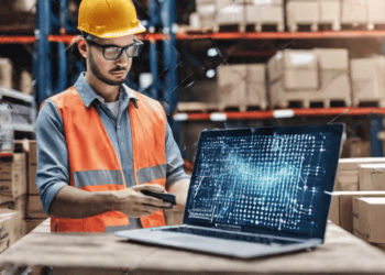 A man in a hard hat and vest analyzing data on a laptop equipped with analytics technology.
