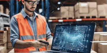 A man in a hard hat and vest analyzing data on a laptop equipped with analytics technology.