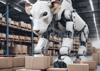 AI-powered robotic lion sorting packages in a warehouse, enhancing supply chain resilience. - Supply Chain News