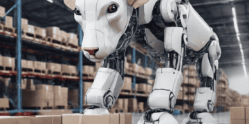 AI-powered robotic lion sorting packages in a warehouse, enhancing supply chain resilience. - Supply Chain News
