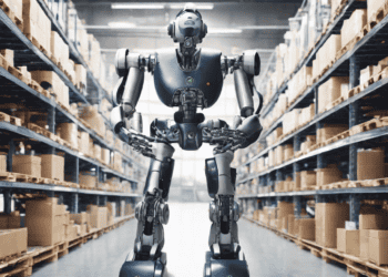 An AI-powered robot optimizing supply chain logistics in a warehouse full of boxes.