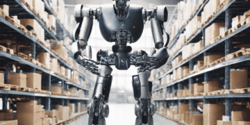 An AI-powered robot optimizing supply chain logistics in a warehouse full of boxes.