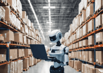 AI robot in warehouse using laptop, optimizing supply chain. - Supply Chain News