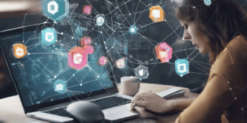 Woman working on laptop, blockchain technology interface displayed. Content authentication, AI. - Supply Chain News