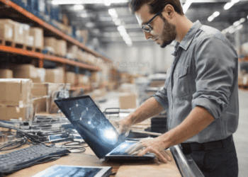 Warehouse worker using laptop to manage supply chain, enhancing logistics with digital technology. - Supply Chain News
