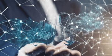 A businessman's hand is holding a network of dots and lines while exploring Research Collaborations at the Monash University's Blockchain Technology Centre.