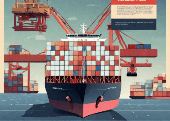 Description: A poster showcasing a container ship amidst cranes, highlighting trade uncertainties and emphasizing the need for U.S. companies to safeguard their supply chains.