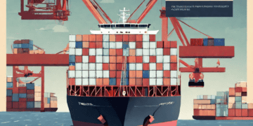 Description: A poster showcasing a container ship amidst cranes, highlighting trade uncertainties and emphasizing the need for U.S. companies to safeguard their supply chains.