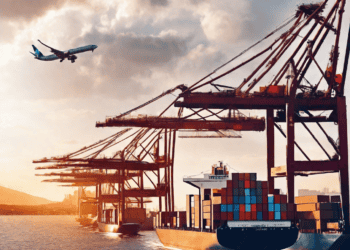 Cargo ship at port with container cranes, airplane overhead. Post-COVID supply chain. - Supply Chain News