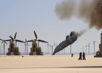 A group of people standing in front of a windmill, symbolizing the global shift towards renewable energy.