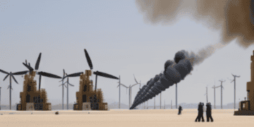 A group of people standing in front of a windmill, symbolizing the global shift towards renewable energy.
