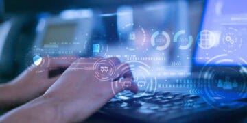 Hands typing on keyboard, data security and export control icons overlayed. US Department of Commerce. - Supply Chain News