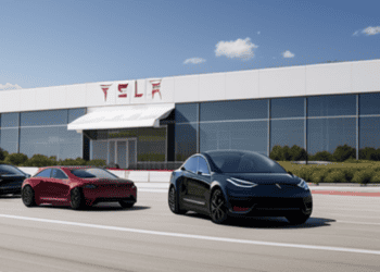 Three Tesla Model Y cars parked in front of a building.