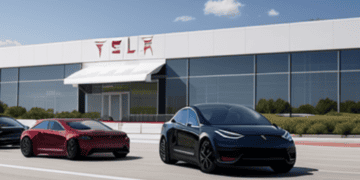 Three Tesla Model Y cars parked in front of a building.