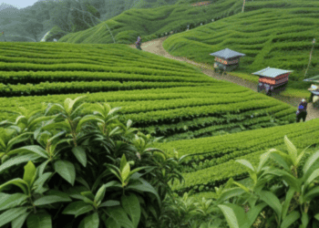 A Nepal Tea plantation with people walking around it.