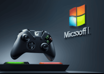 A Microsoft Xbox controller sits on a table in front of the logo, showcasing the seamless integration of design and functionality.