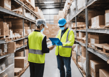 Two warehouse workers in face masks review inventory on a clipboard, adapting supply chain processes in a post-pandemic world. - Supply Chain News