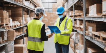 Two warehouse workers in face masks review inventory on a clipboard, adapting supply chain processes in a post-pandemic world. - Supply Chain News