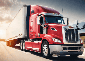 An efficient red semi truck driving down the road, revolutionizing trucking through innovations.