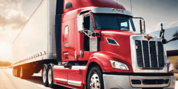 An efficient red semi truck driving down the road, revolutionizing trucking through innovations.