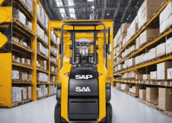 Yellow SAP SAA forklift in warehouse aisle; AI-powered supply chain solution. - Supply Chain News
