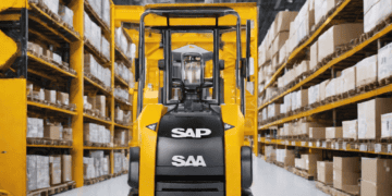 Yellow SAP SAA forklift in warehouse aisle; AI-powered supply chain solution. - Supply Chain News