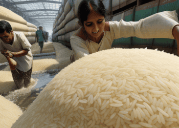 A pile of rice in a warehouse, representing the global impact of India's partial rice export ban.