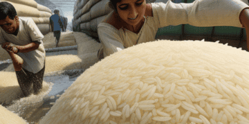 A pile of rice in a warehouse, representing the global impact of India's partial rice export ban.