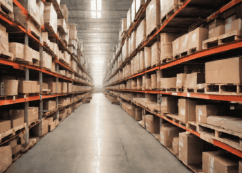 A warehouse filled with boxes and pallets, strategically organized to enhance sustainability in supply chains.