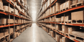 A warehouse filled with boxes and pallets, strategically organized to enhance sustainability in supply chains.