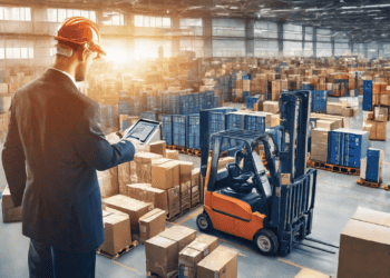 A man in a hard hat is using technological advancements while working in a warehouse.
