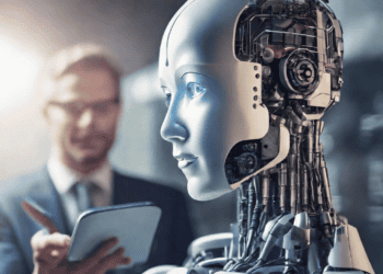 A man in a suit is looking at an AI integrated robot.