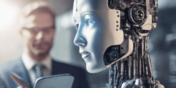 A man in a suit is looking at an AI integrated robot.