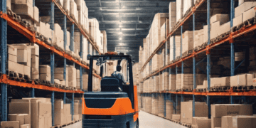 A forklift truck drives through a warehouse full of boxes, engaging in efficient logistics as part of the supply chain management process.