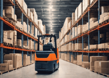An AI-powered forklift operates efficiently in a warehouse, enhancing logistics and supply chain management.