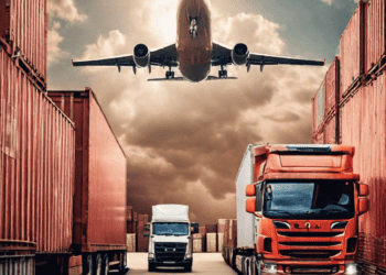 A plane is flying over a truck and containers, representing the challenges faced in supply chain management during the pandemic.