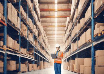 An AI-enhanced worker in a warehouse holding a tablet, enhancing inventory management efficiency.