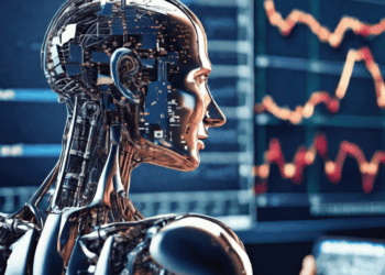 A robot using artificial intelligence technology for stock market analysis while in front of a computer screen.