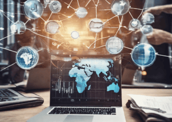 Laptop displaying global data network, illustrating technological advancements in international trade and finance. - Supply Chain News