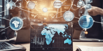 Laptop displaying global data network, illustrating technological advancements in international trade and finance. - Supply Chain News